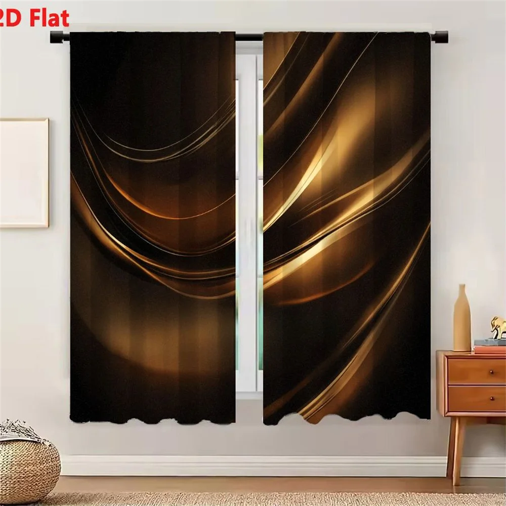 2Pcs Curtains Abstract Gold And Bronze Digital Art With Flowing Curves On Black Background Window Drapes for Bedroom Room Decor