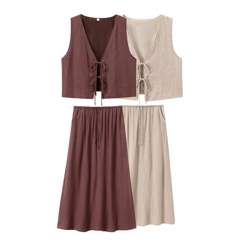 UETEEY  Summer new product V-neck sleeveless bow patterned vest top with tie up long skirt