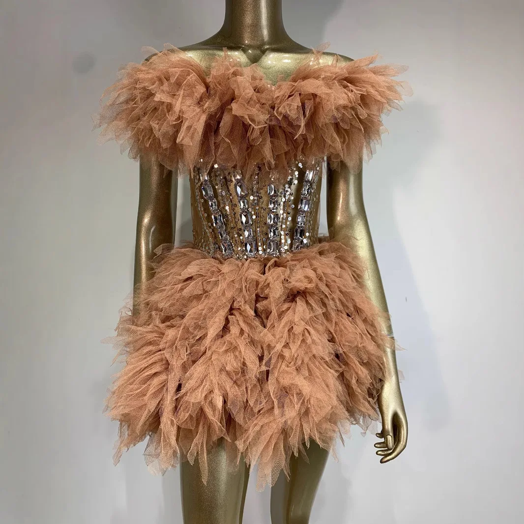 

STOCK Sexy Tube Top Tutu Dress Suit Performance Outfit Female Singer Birthday Costume Party Wear White Dresses With Rhinestones