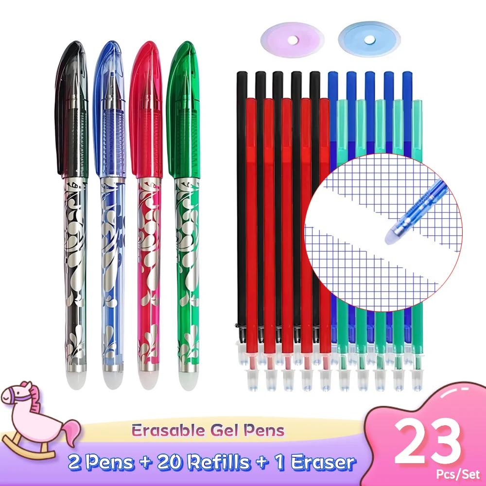 2 wymazywalne długopisy żelowe + 20 wkładów + 1 gumka 0,5 mm Magic Ink w kolorze czarnym niebieskim czerwonym zielonym gładkie pisanie artykułów piśmiennych do biura szkolnego