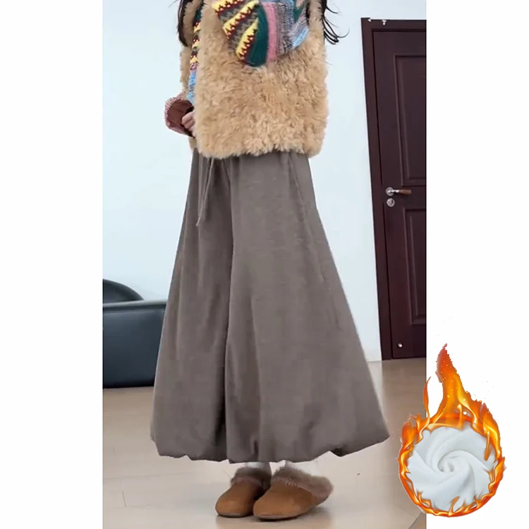 محبوك الأرز المعكرونة تنورة السراويل النسائية الخريف الشتاء جديد Sle القهوة اللون Fce واسعة الساق زهرة برعم السراويل تنورة السراويل #5