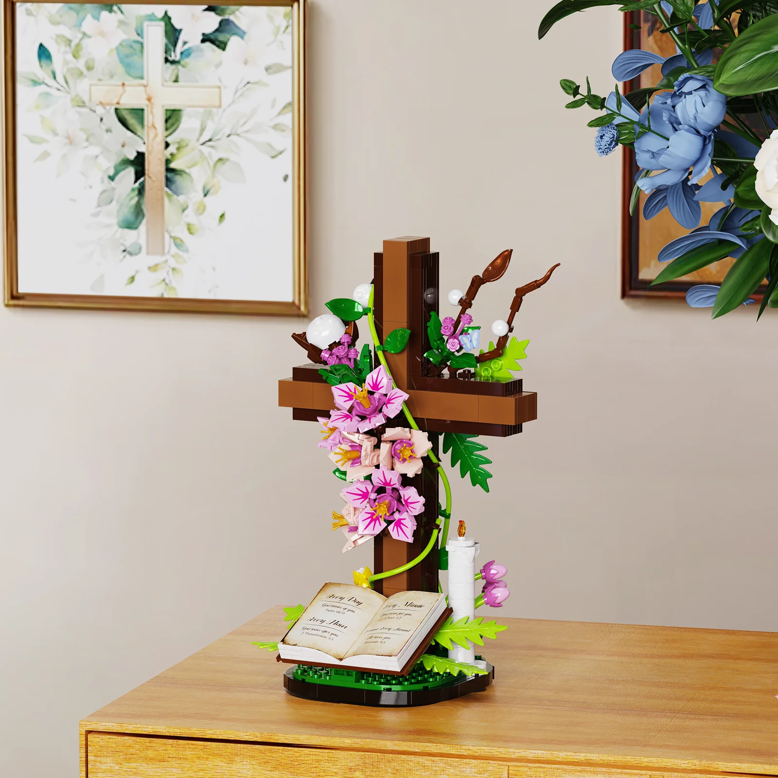 Jesus Cross Flower Building Set,Religious Cross Collectibles Blocks Toys Christmas, Christian, Birthday Gifts for Mothers, Women