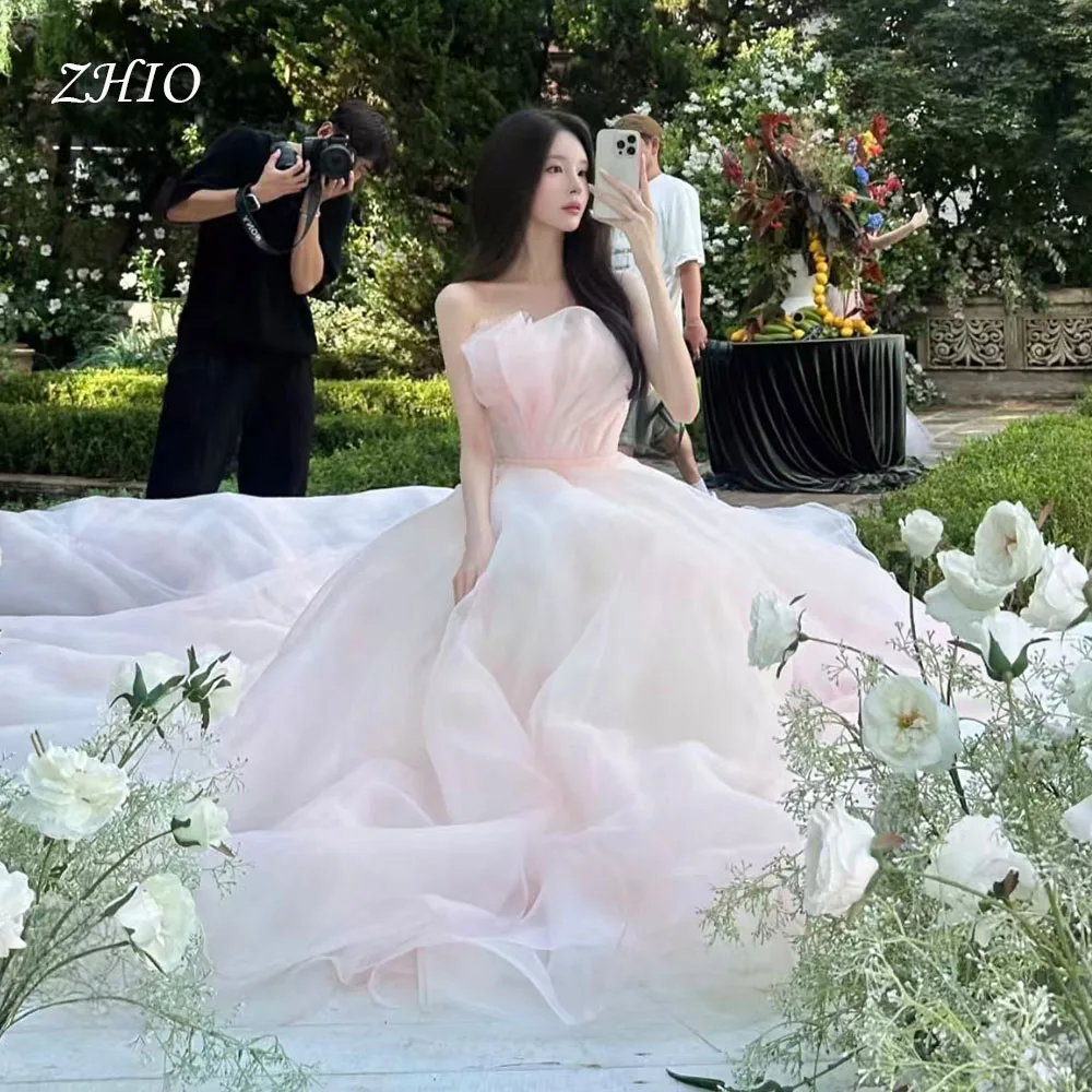 ZHIO Elegant Baby Pink Wedding Party Dress Strapless Sweep Train Organza Korea Photo Shoot Evening Dresses Customized웨딩드레스