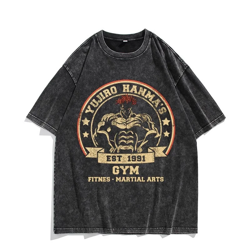 Baki Hanma Yujiro Hanma Gym Est 1991 Vintage Washed T-Shirt 2026 Sommer Oversized Anime Grafik-T-Shirt für Herren Damen Freizeit-Oberteile