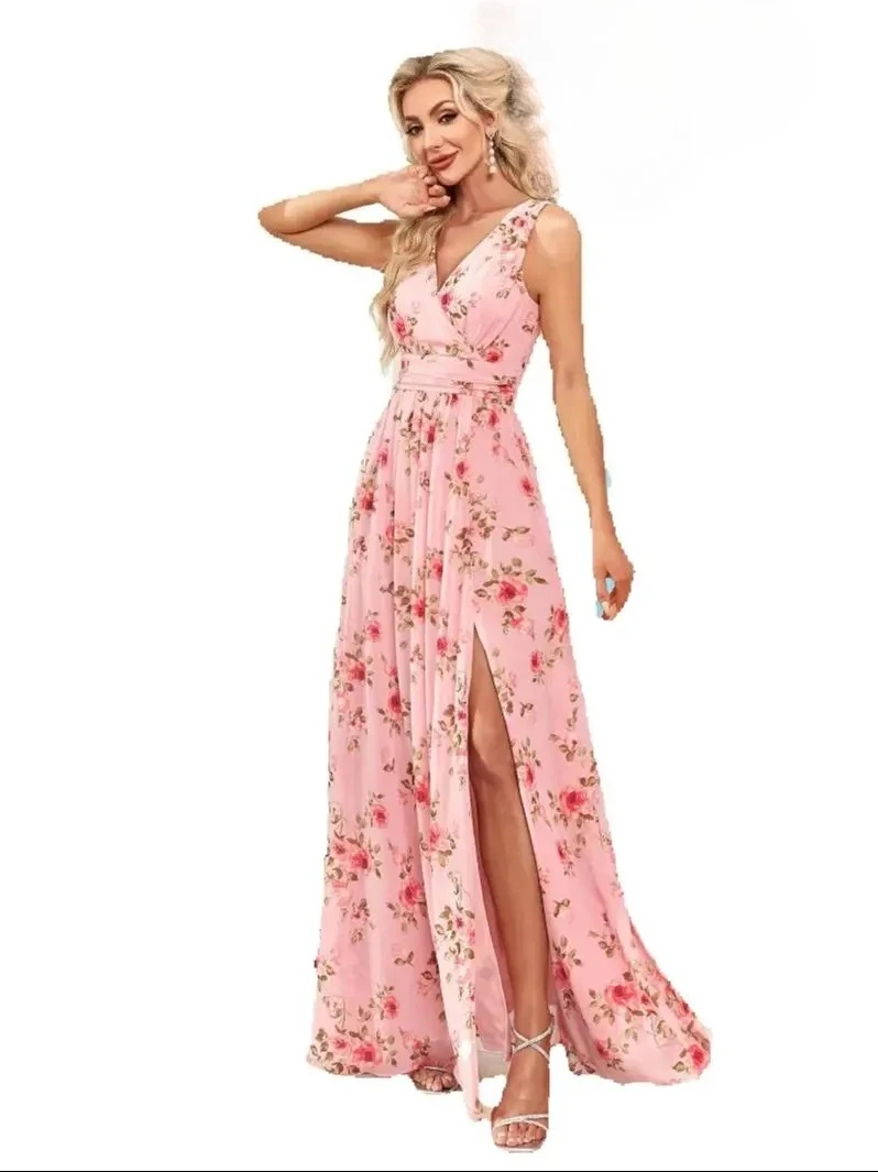 

Sexy Double V-neck High Split Flowers Print Long Party Dress