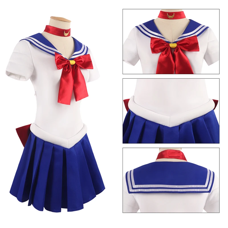 Damski kostium Sailor Moon Tsukino Usagi dla dorosłych 7-częściowy zestaw Crystal Sailor Suit Dress Wig Props Uniform Outfit Halloween