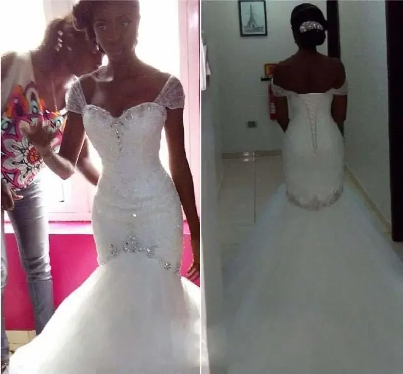 Customized Crystals Mermaid Dresses Off Shoulder Vintage Lace Sequins Beaded Plus Size Arabic African Wedding Bridal Gown