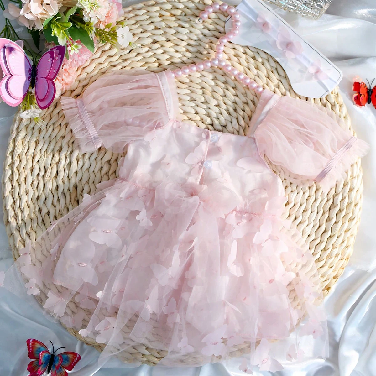 Ylsteed Newborn Girl Butterfly Dress with Headband Infant Photo Shooting Outfits Baby Pink Newborn Mesh Dresses Photography Prop