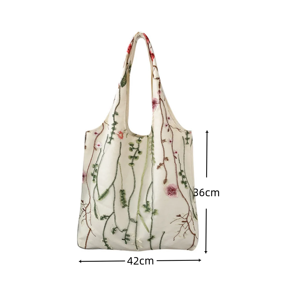 Ladies Embroidery Canvas Bag Large Capacity White Flower Mesh Bag Summer Travel Beach Bag Student Class Bookbag Aesthetic Bag