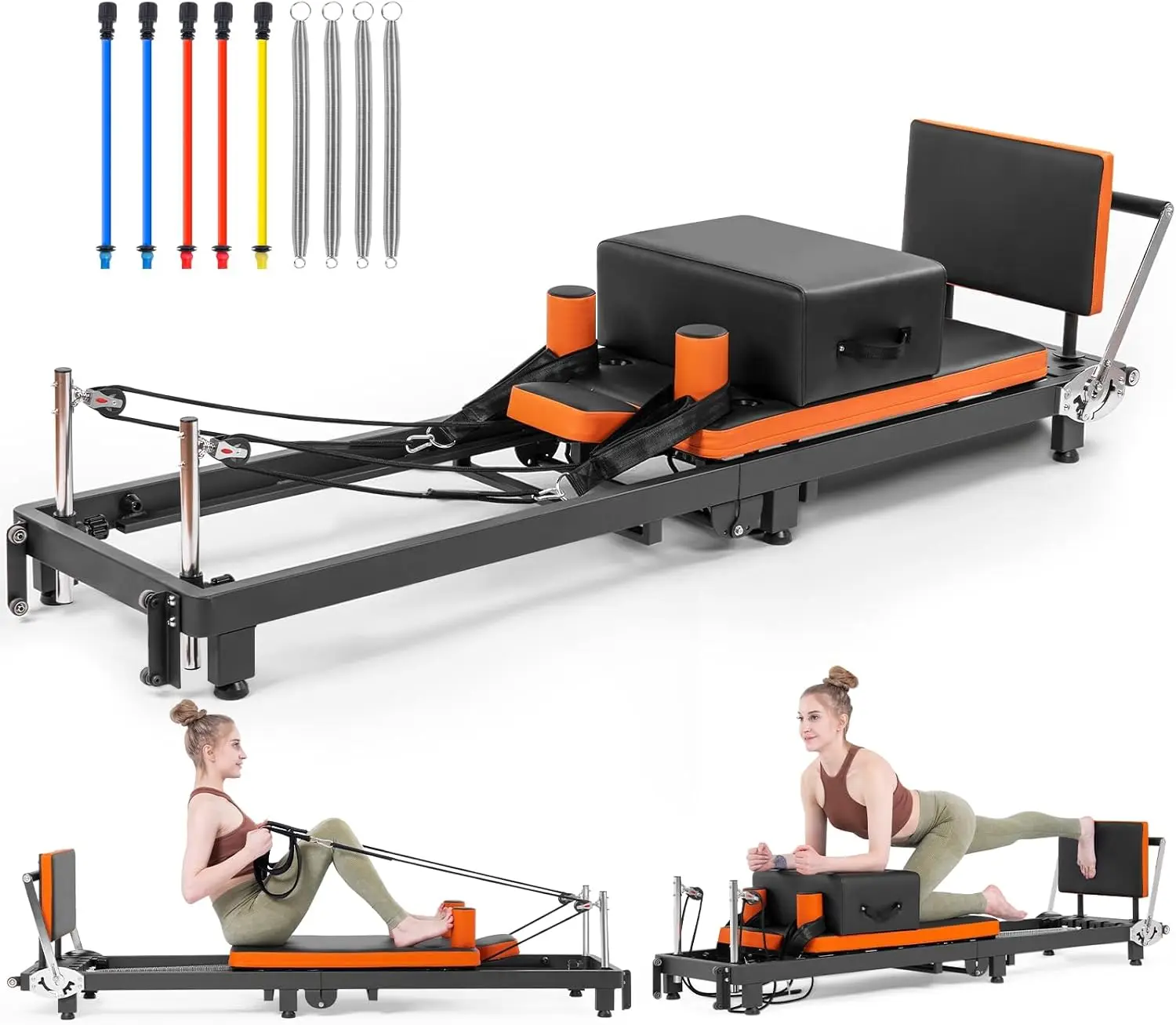 Pilates Reformer, Foldable Pilates Machine with Jump Board & Pilates Box (4 Springs & 5 Resistance Cords) for Home Gym Workout,
