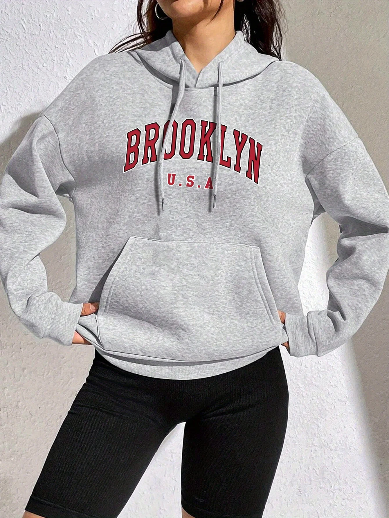 Chic Alphabet Drawstring Hoodie Women's Casual Knit Sweatshirt with Kangaroo Pockets Durable Stretch Fabric for Fall/Winter