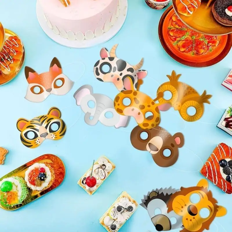 39bb 12pcs Masque animal jungle pour les enfants Cosplay Masque en papier à demi-visage pour les faveurs fête d'anniversaire