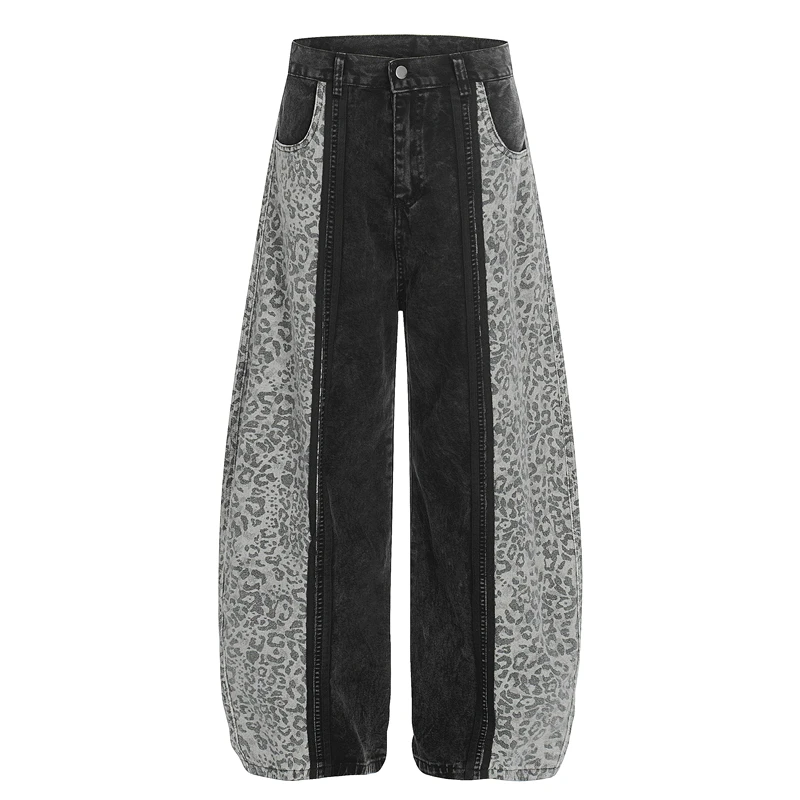 GXFortune American Style Leopard Print Patchwork Washed Casual Pants Loose Wide Leg Knife Long Trousers for Men And Women