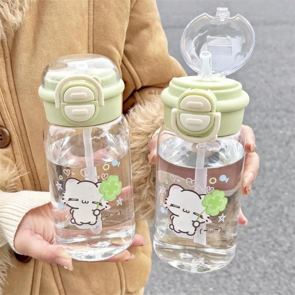 Cartoon Animal Dual Drinking Plastic Straw Cup Secure Lock Lid Anti Spill 500ml Portable Water Tumbler Fit Backpack School