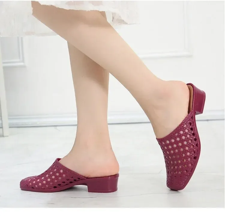 Summer Women Hollow Out Slippers Square Head Mom Shoes Cool Slippers Work Shoes Casual Style Black Red Wine Red Pvc Material