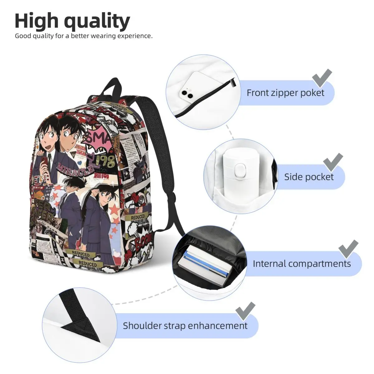 Detective Conan Cool Backpack Lightweight School Travel Ran Mouri Conan Edogawa Daypack Men Women Laptop Computer Canvas Bags