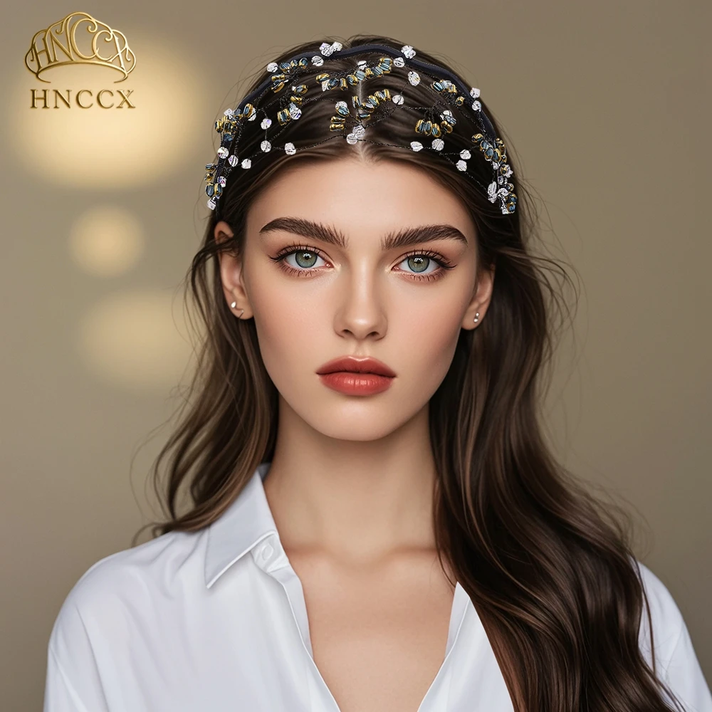 HNCCX Handmade Woven Blue Color Crystal Beaded Bridal Headband Irregular Net Shape Tiara Party Wedding Hair Accessories A116