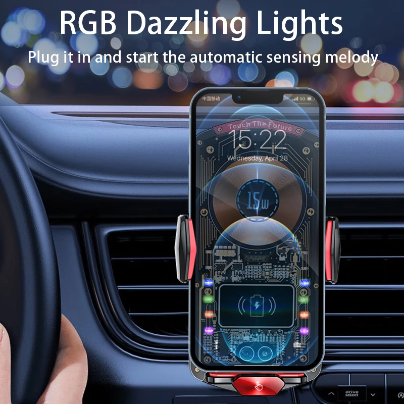 15W Universal Car Wireless Charger Holder Auto-Sensing Ambient Light 360 Rotating 66W Plug Charging Mount for iPhone/Samsung/Car view 6
