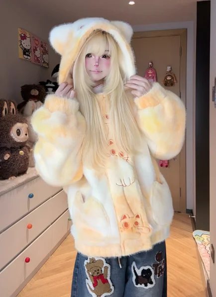 เสื้อแจ็คเก็ตมีฮู้ดปักลายแมวน้อยน่ารัก สีเหลืองอ่อน สำหรับผู้หญิง ผ้าฟลัฟฟี่ไล่เฉดสีเทา สไตล์ลำลองหลวมๆ สำหรับฤดูใบไม้ร่วง