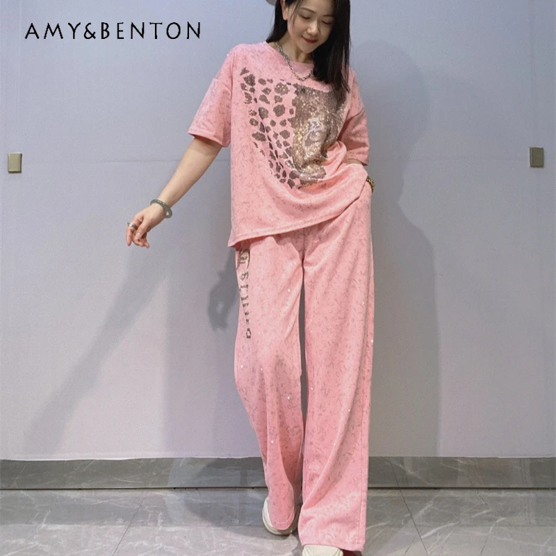 

American Women's Clothing Rhinestone O-neck Short-sleeves Top Tees Long Pants Two-piece Set Summer Wide-leg Pants Casual Outfit