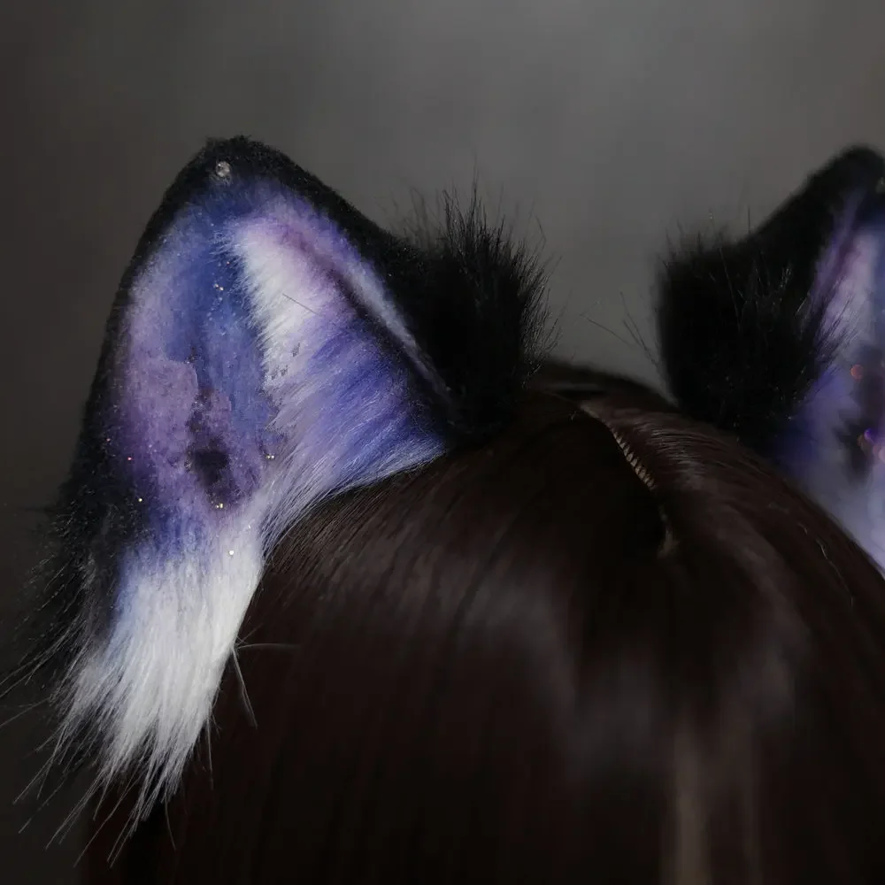 Hand Work Purple Starry Sky Color Cat Neko Fox Ears Hair Hoop Earrings Headband Headwear Costume Accessories