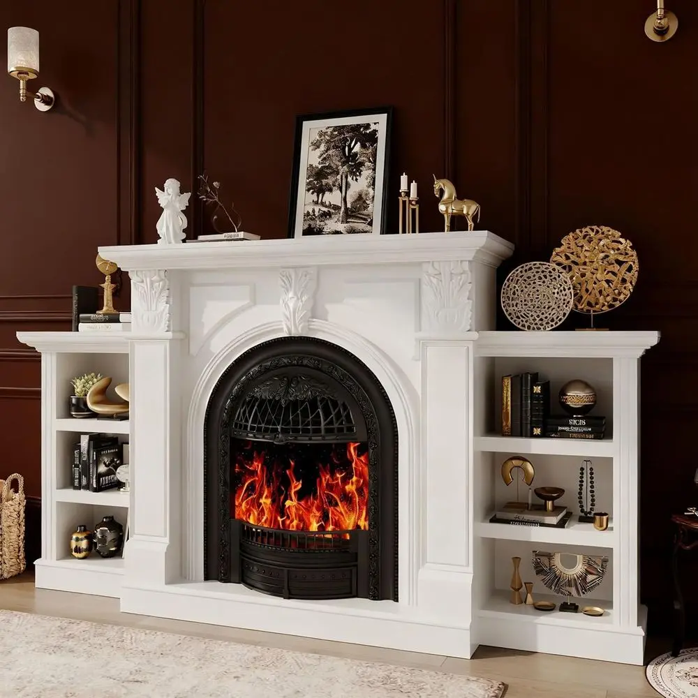 

80 60cm Electric Fireplace with Mantel, TV Stand, Black Birdcage Heater, and Carved Column Design for Living Spaces and Bedrooms