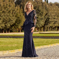 Elegant Mermaid Mother of the Bride Dress Dark Navy Lace  Dresses 2023 V Neckline Wedding Guest Gowns Long Sleeves On Sale