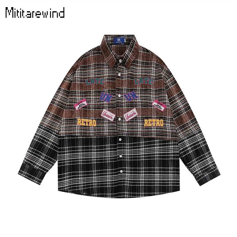 

New Plaid Shirt for Men Spring Autumn High Street Trend Long Sleeve Top Cotton Patchwork Embroidered Letter Shirts Youth Casual