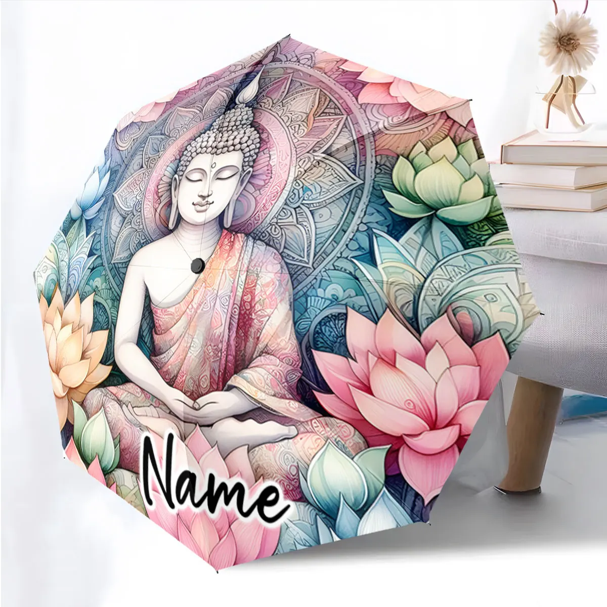Custom Name Umbrella Tranquil Buddha and Lotus Design Umbrella Print 8 Iron Ribs Folding Umbrella Auto-Open Fashion Sunshade