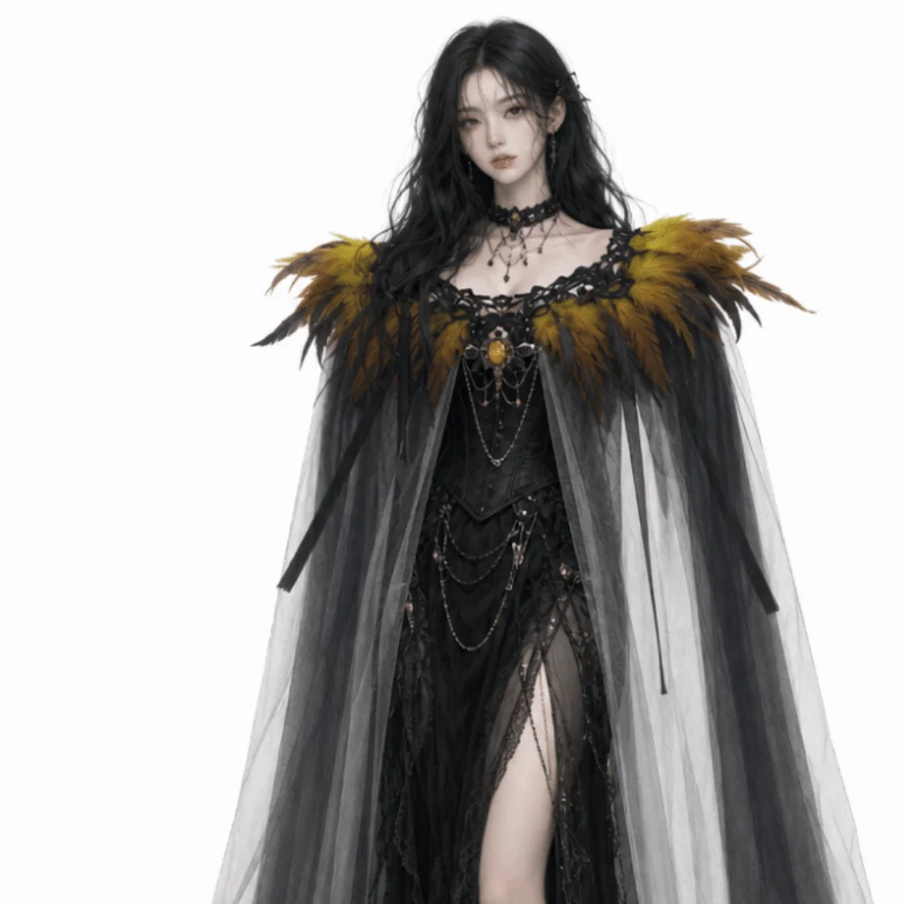 Black Halloween Feather Cloak Fur Collar Mesh Fringe Hollow Lace Mesh Cape Elegant Flowing Festival Costume Cape