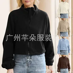 Women Zipper Sweatshirt Long Sleeve Fleece Autumn Winter Cropped Jacket Solid Color Casual Loose Short Tops Sportswear New