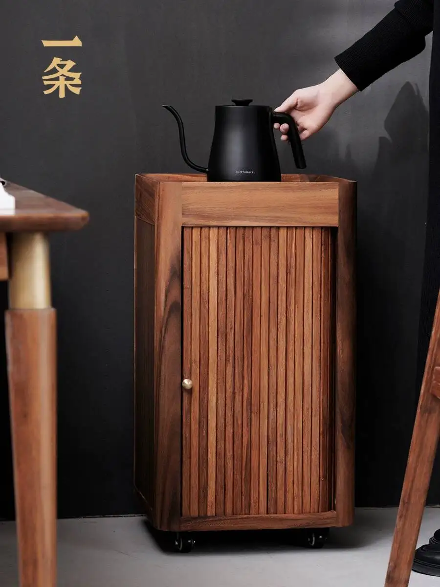A Japanese-Style Solid Wood Black Walnut Tea With Integrated Kettle, Modern And Simple, Movable Kettle Cabinet
