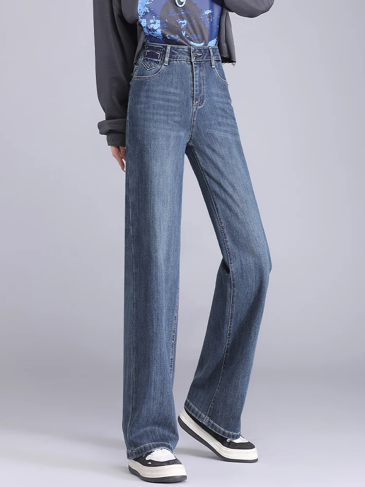 

Retro Slim Wide Leg Denim Jeans Women's Autumn Winter New High Waist Slimming Casual Embroidered Fleece Straight Leg Pants