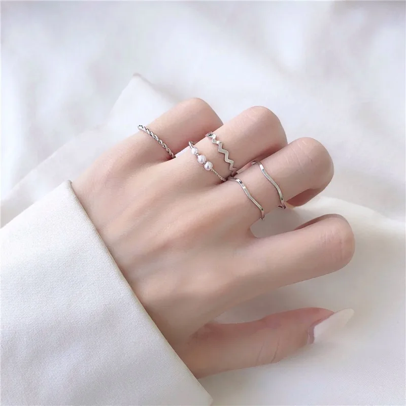 5Pcs/set Fashion Jewelry Rings Set Metal Hollow Round Opening Women Finger Ring for Girl Lady Party Wedding Gifts