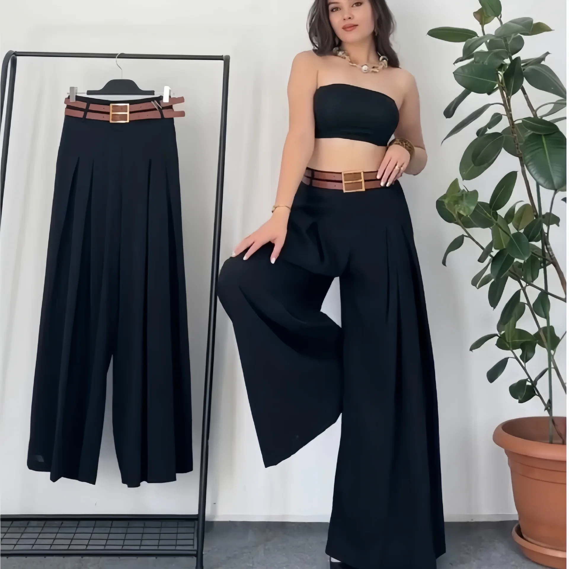 

New fashion back waist elastic high waist wide leg pants women's casual trousers fashion simple versatile temperament elegant ho