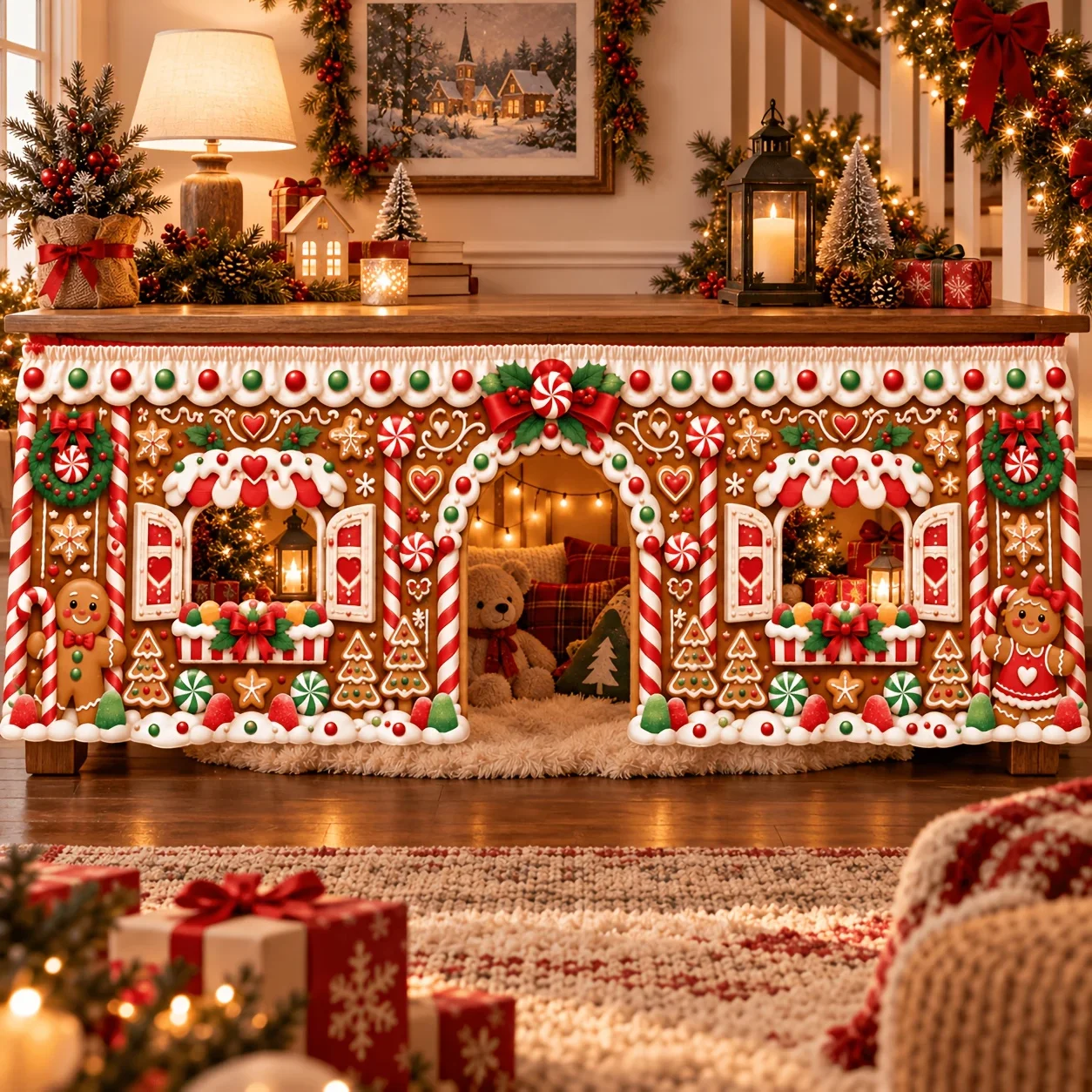 1 Christmas gingerbread house cut table skirt, candy bar gingerbread man Christmas table skirt, hollow design table cover