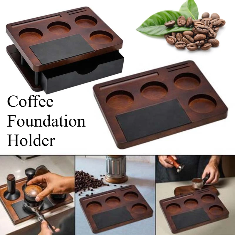 51/53/58mm Drawer Type Coffee Tamper Station Espresso Tamper Mat with Coffee Knock Box Drawer Wood Coffee Portafilter Rack