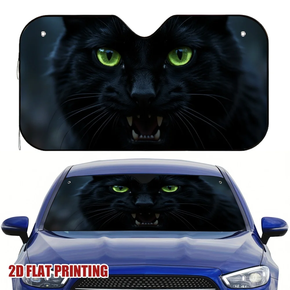 1pc Smile Of Evil Black Cat With Green Eyes Car Sun Visor - 2D Flat Printing Fit Sun Shield, Heat & Glare Reduction For Rideshar