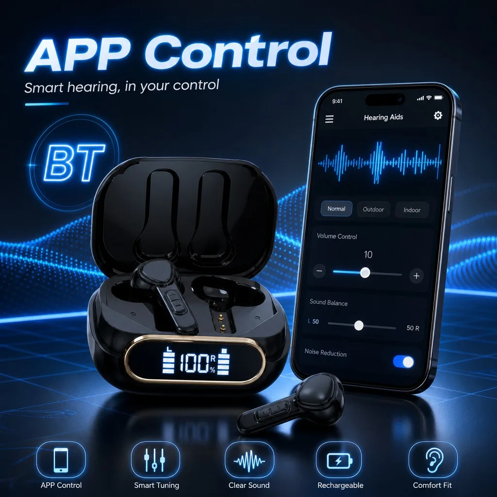 Tangsonic TS756 BTE Digital Hearing Amplifier BT APP Control 32 Channels Binaural Sound Enhancer USB Charging Noise Cancelling