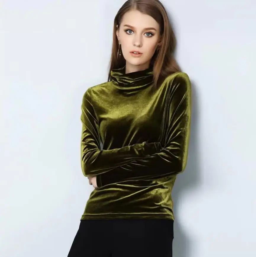 Blusa Feminina de Veludo Gola Alta Outono Inverno Primavera, Camisa de Veludo, Coleção de Inverno 2026, Camisas Plus Size