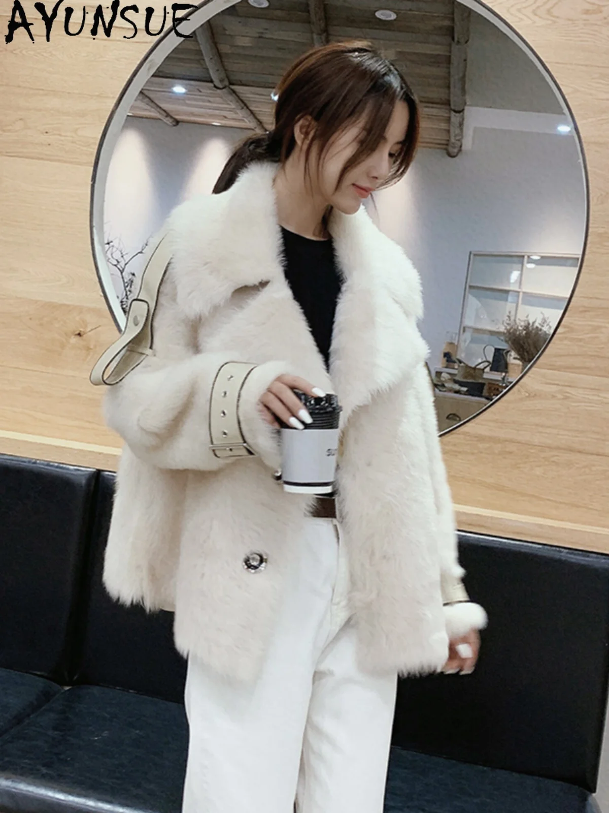 

AYUNSUE 2025 New Shearling Coat Woman 100% Natural Wool Coats for Woman Clothes High Quality Winter Outerwears Ropa Para Mujer