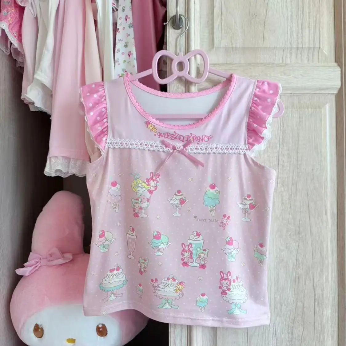 Japanese Cute Lace Bow Flying Sleeves Cartoon Mp Printed Sweet Girl Graphic T Shirts Summer New Daughter Clothing Y2k Crop Top