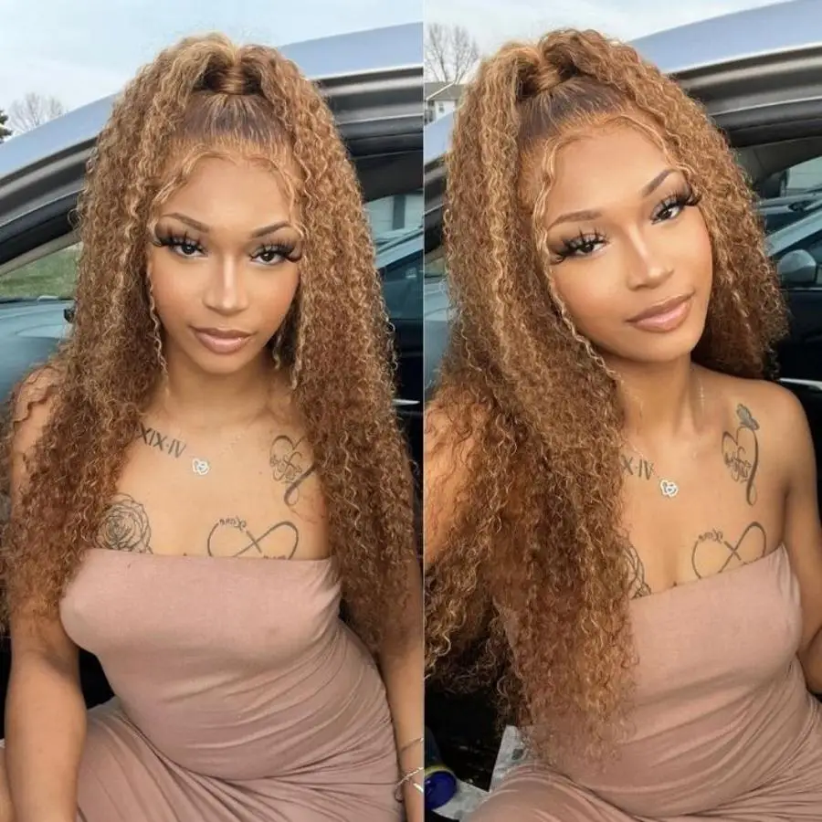 

Deep Wave Human Hair 13x6 HD Lace Front Wig Highlight Curly Wig 40 30 Inch Ombre Brown Colored Wig P4/27 Honey Blonde Preplucked