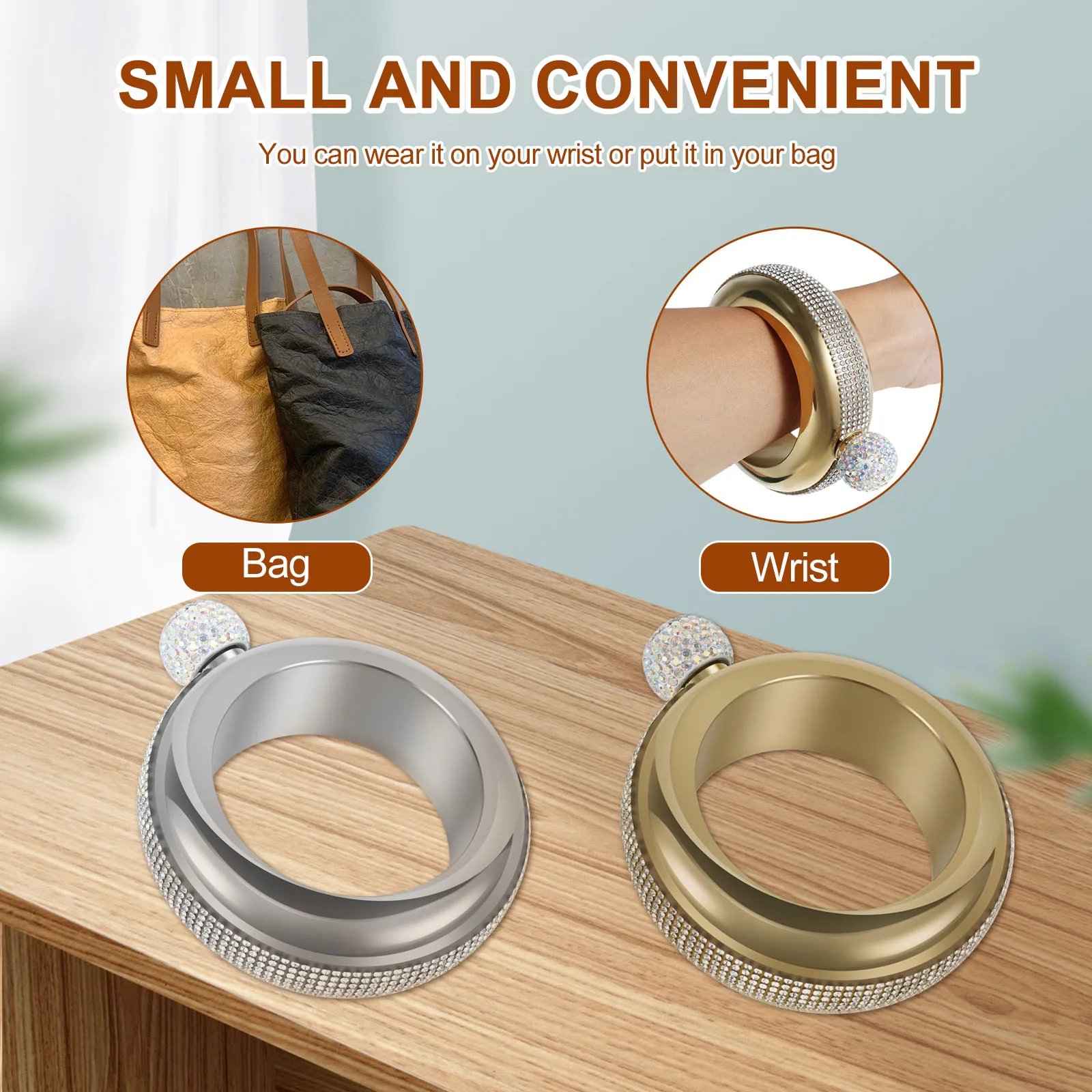 1/2Pc 3.5oz Stainless Steel Small Bracelet Flask Bangles Creative Bangle Flask Protable Party Bangle Flask with Rhinestones Lids