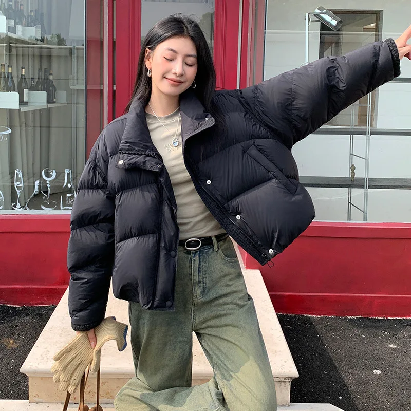 2025 kurzer Puffer mit 95 % weißer Entendaunen. Stehkragen, vielseitig und schick für den Winter.