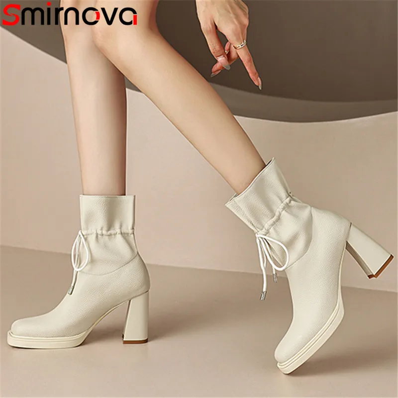 Smirnova 2022 New Elastic Band Women Boots Thick High Heels Dress Shoes Lace Up Genuine Leather Platform Ankle Boots