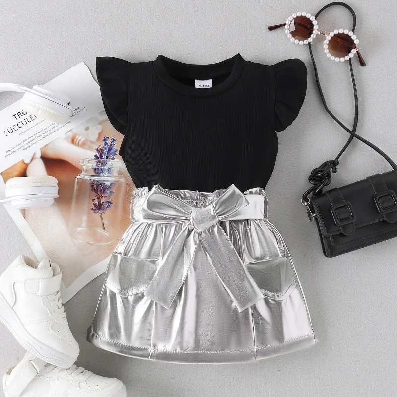 Baby Clothes Set for Girls 6M-4Y Fly Sleeve T-Shirt+Silver Skirt Infant Toddler Kids Cotton Fashion Designed Suit Casual Outfits