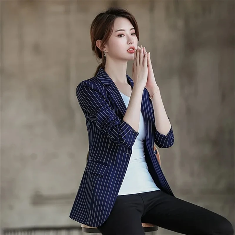 Black Stripe Women Blazer 2024 Formal Slim Blazers Lady Office Work Suit Pockets Jackets Coat Female Notched Blazer Jackets Femm