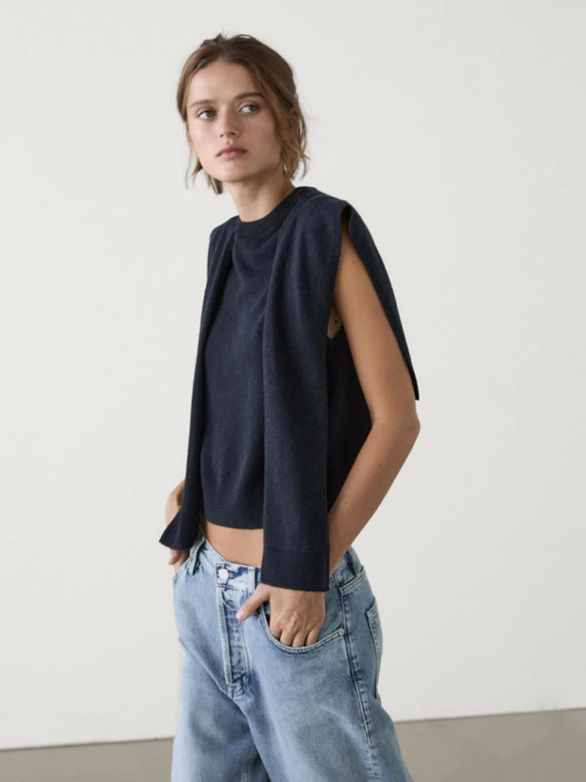 

New Autumn Design Knitted awl Vest Commute Sle Svel Top Fake Two-Piece Set Women's Faion Outerwear Single Piece