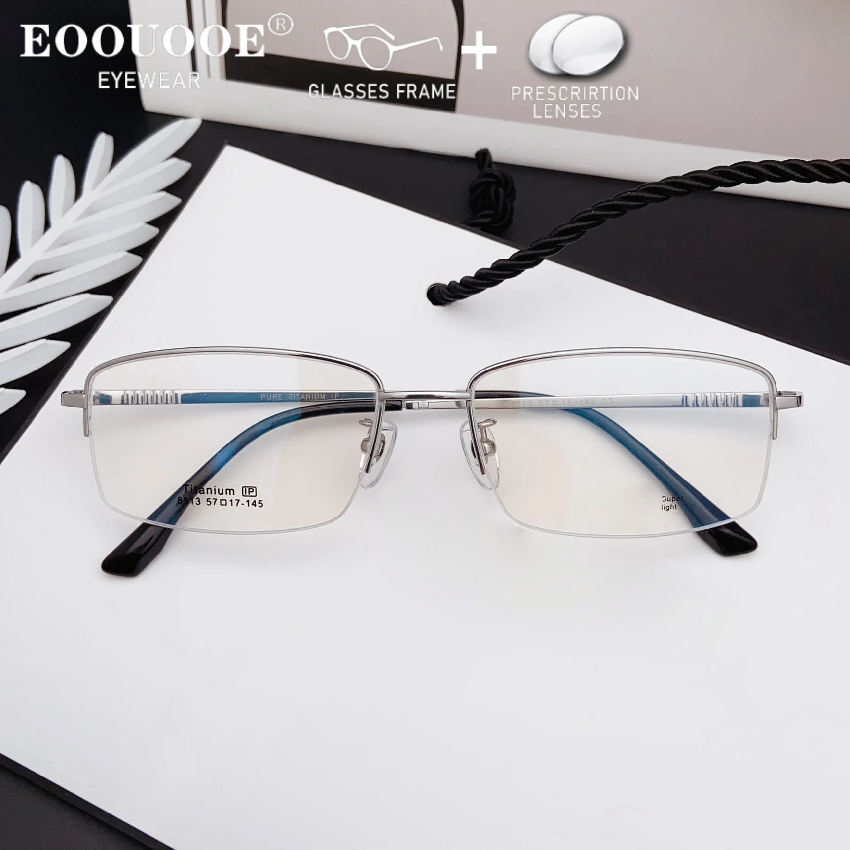 57mm Wide Half Eyeglass Frame Square Men Pure Titanium Quality Glasses Recipe Prescription Myopia Lenses Scratch-Resistan